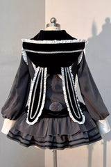 Black [Bizarre Rabbit Opera] Navy Collar Long Sleeves Print Ruffle Bowknot Gothic Lolita Dress - Product - 4