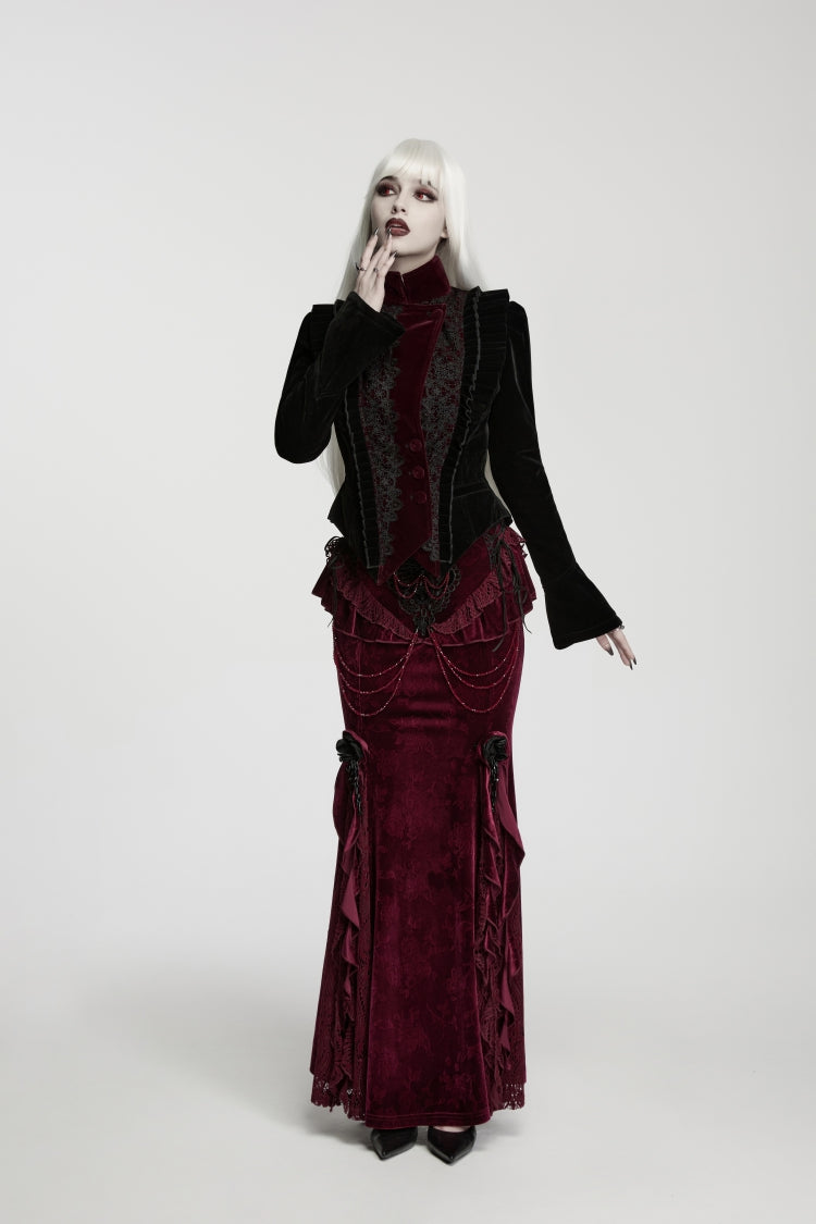 Black/Red Lapel Collar Long Trumpet Sleeves Lace Lace-Up Asymmetric Color-Blocked Women's Gothic Elegant Luxurious Royal Velvet Coat - Product - 7