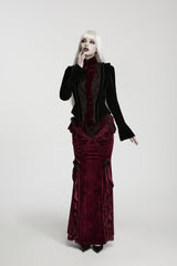 Black/Red Lapel Collar Long Trumpet Sleeves Lace Lace-Up Asymmetric Color-Blocked Women's Gothic Elegant Luxurious Royal Velvet Coat - Product - 7