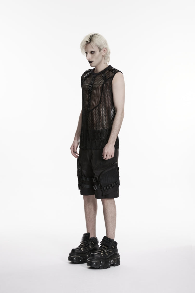 Black Round Collar Sleeveless Cut-Out Mesh Buckled Eyelet Men's Punk Vest - Product - 3