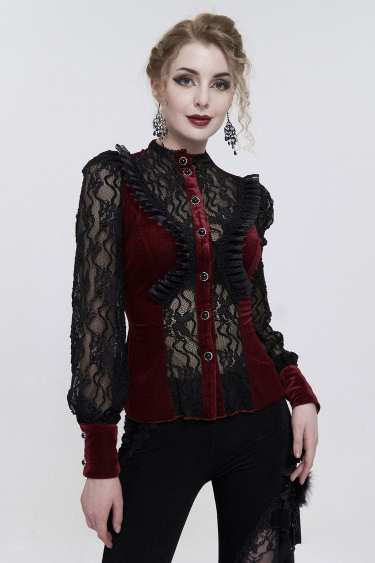 Red Velvet High Neck Lace Fake Bra Design Splicing Three-Dimensional Butterfly Mesh Women's Gothic Shirt - Product - 3