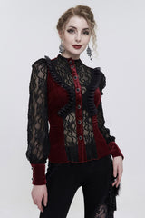 Red Velvet High Neck Lace Fake Bra Design Splicing Three-Dimensional Butterfly Mesh Women's Gothic Shirt - Product - 3