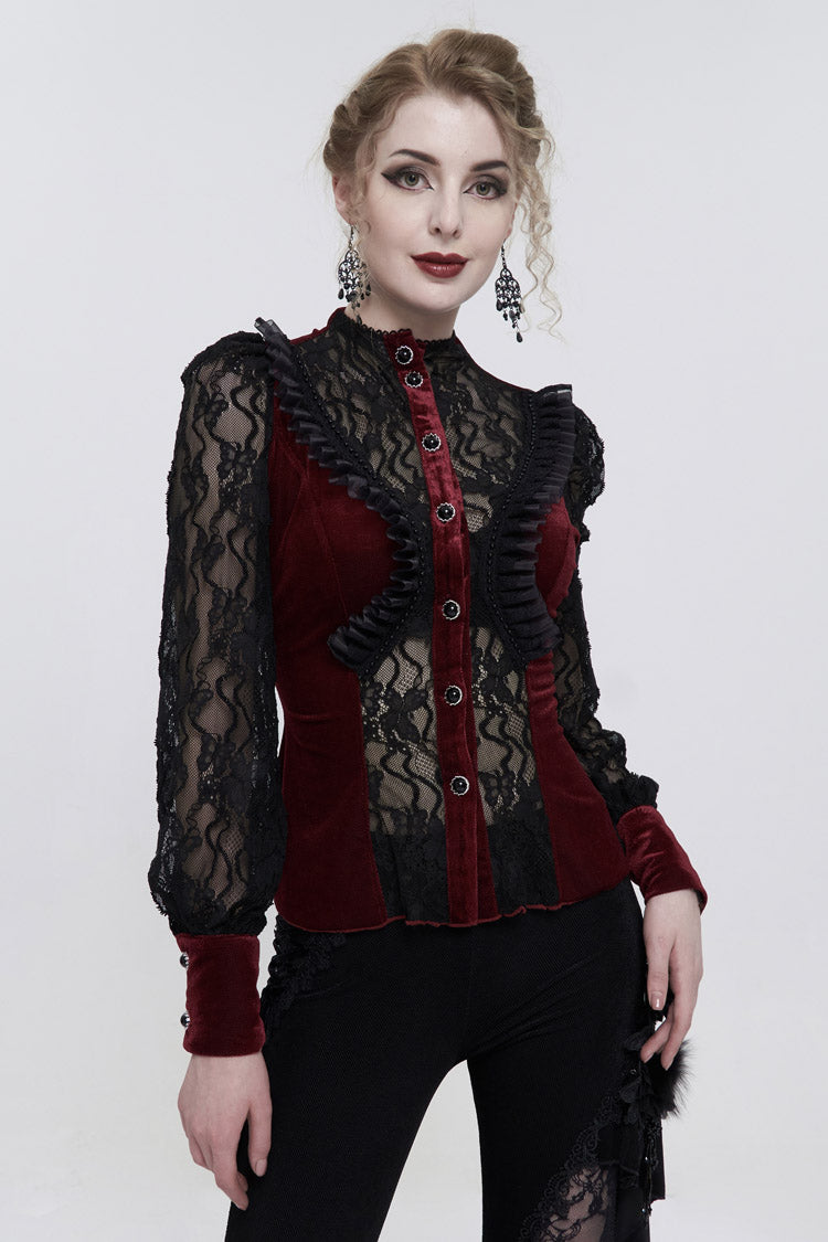 Red Velvet High Neck Lace Fake Bra Design Splicing Three-Dimensional Butterfly Mesh Women's Gothic Shirt - Product - 3