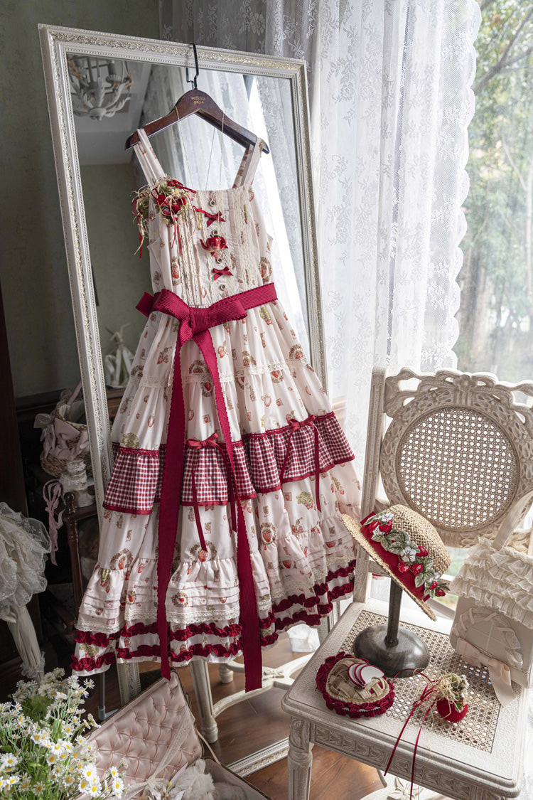 Red/Ivory [Little Flying Strawberry] Square Collar Sleeveless Multi-Layered Printed Ruffled Bow Sweet Lolita Jsk Dress - Product - 3