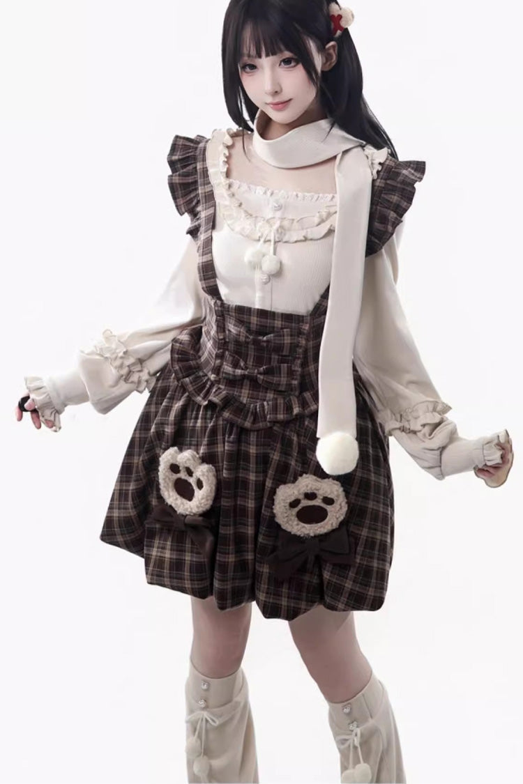 Brown [Fluffy Little Bear] Sleeveless Printed Ruffled Bow Sweet Lolita Strap Dress - Product - 2