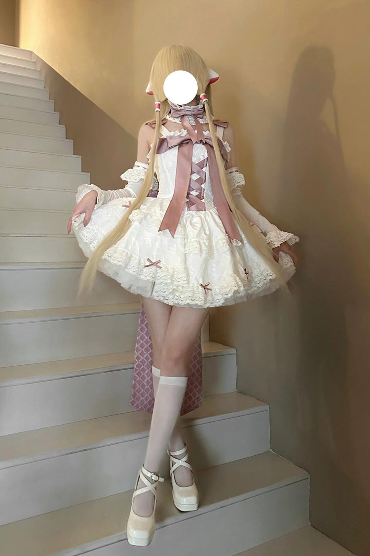 Pink/White Ribbon Embroidery Bowknot Lace-Up Sweet Elegant Princess Lolita Dress - Product - 7