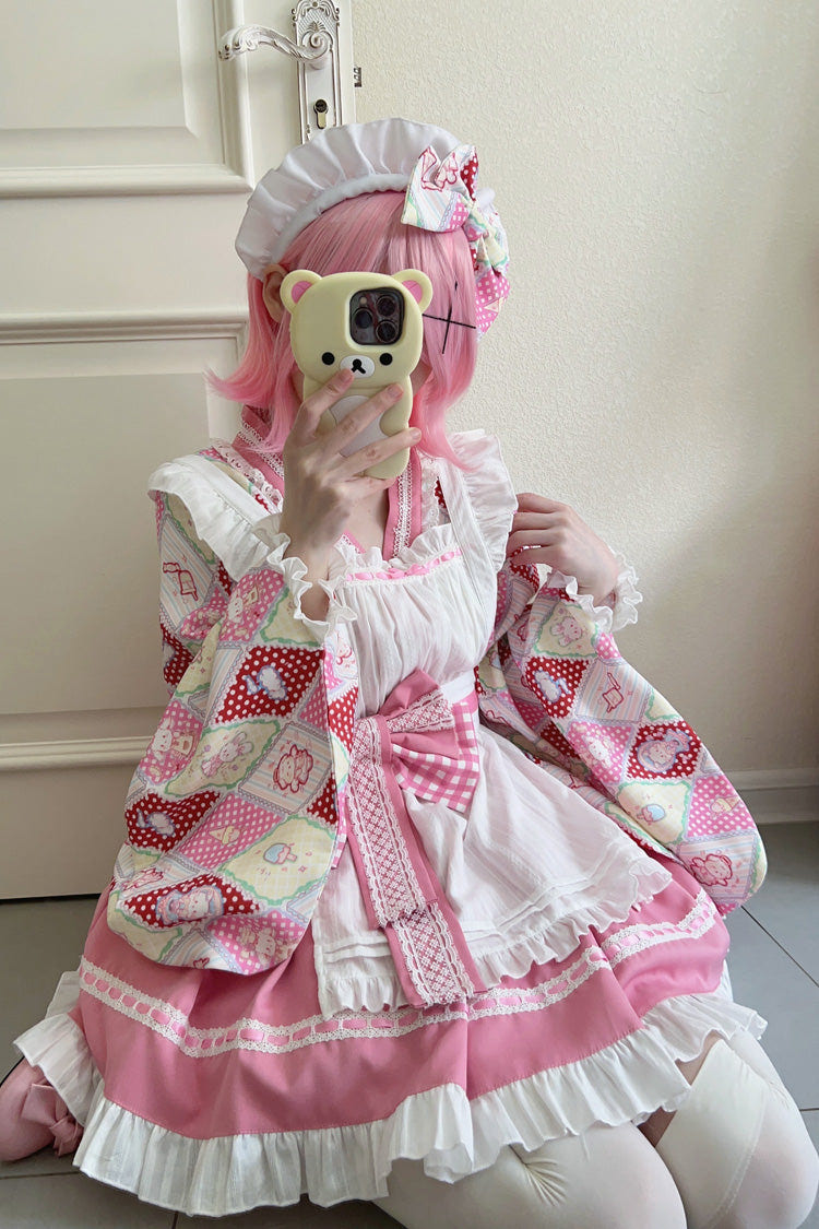 [Showa Sweet Pet] Ruffle Bowknot Sweet Japanese Maid Lolita Dress 6 Colors - Pink - 2