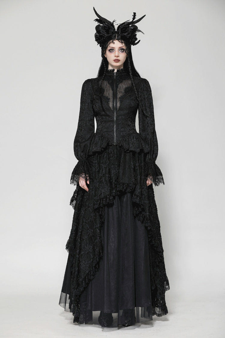 Black Stand Collar Long Trumpet Sleeves Lace Sheer Lace-Up Women's Gothic High Low Tail Coat - Product - 7