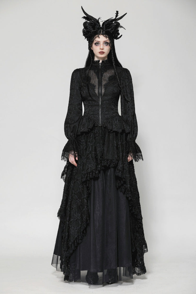 Black Stand Collar Long Trumpet Sleeves Lace Sheer Lace-Up Women's Gothic High Low Tail Coat - Product - 7