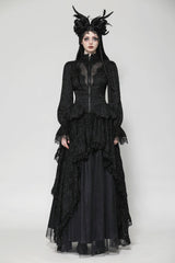Black Stand Collar Long Trumpet Sleeves Lace Sheer Lace-Up Women's Gothic High Low Tail Coat - Product - 7