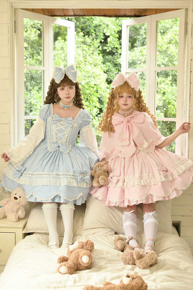 Pink [Petal Bunny] Cotton Square Collar Short Sleeves Double-Layered Ruffled Bow Lace Lace-Up Sweet Lolita Dress - Product - 15