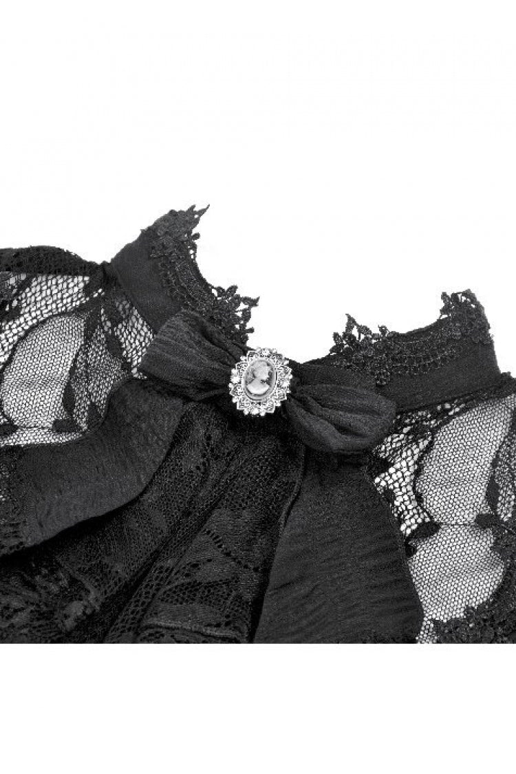 Black Stand Collar Short Puff Sleeves Sheer Lace Lace-Up Women's Gothic Blouse with Detachable Bowknot - Product - 15