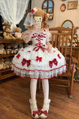 White/Red [Sweetheart] Sleeveless Multi-Layered Embroidered Bow Lace Lace-Up Sweet Lolita Jsk Dress - White/Red - 1