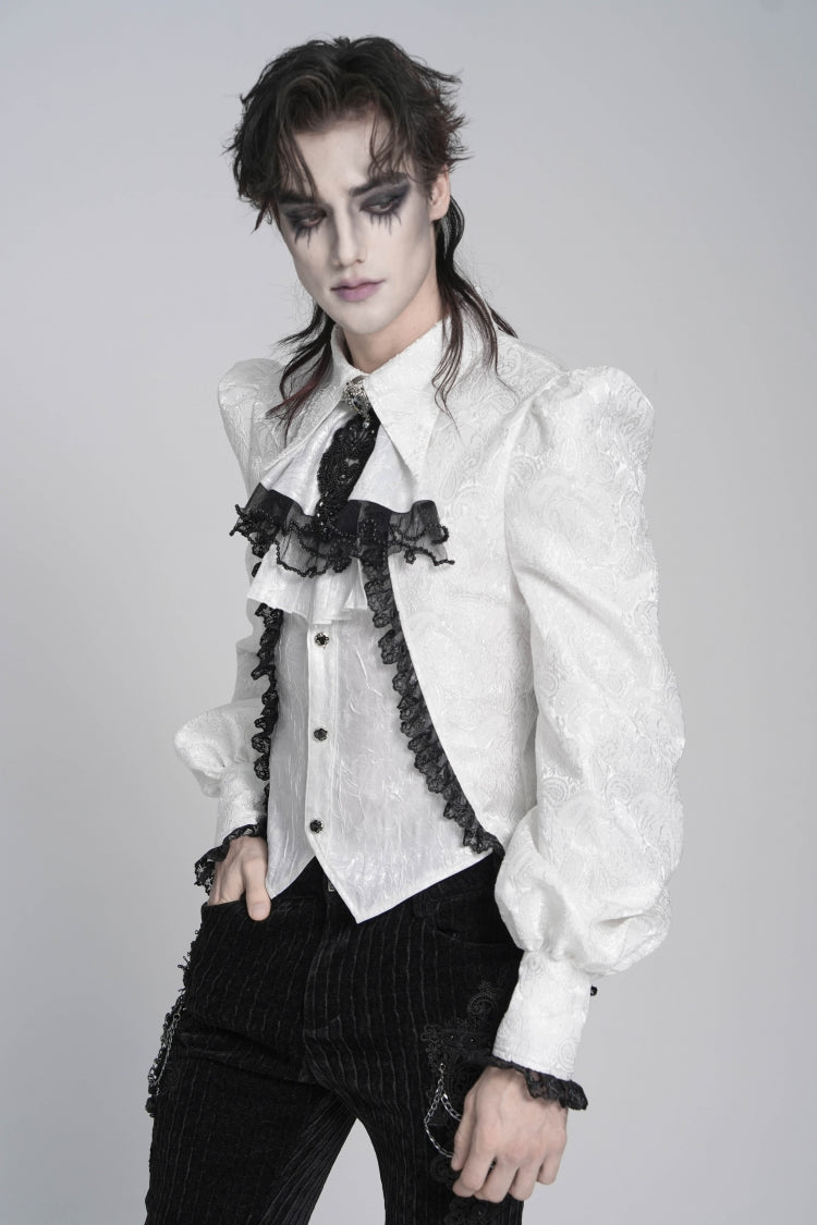 White Lapel Collar Long Sleeves Jacquard Swallow-tailed Lace Men's Gothic Palace Shirt - Product - 11