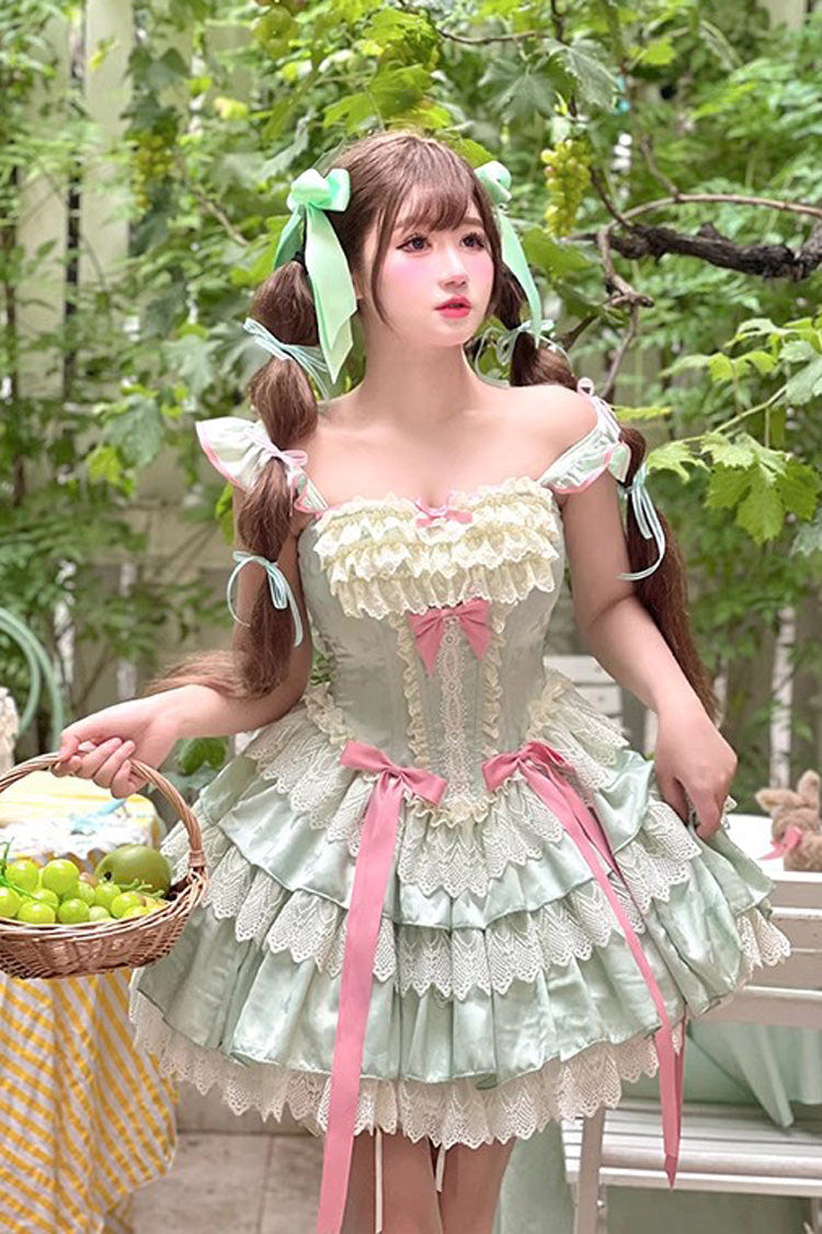 Green [Mints] Multi-Layered Ruffle Bowknot Lace Sweet Ballet Lolita Dress - Green - 1