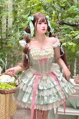 Green [Mints] Multi-Layered Ruffle Bowknot Lace Sweet Ballet Lolita Dress - Green - 1