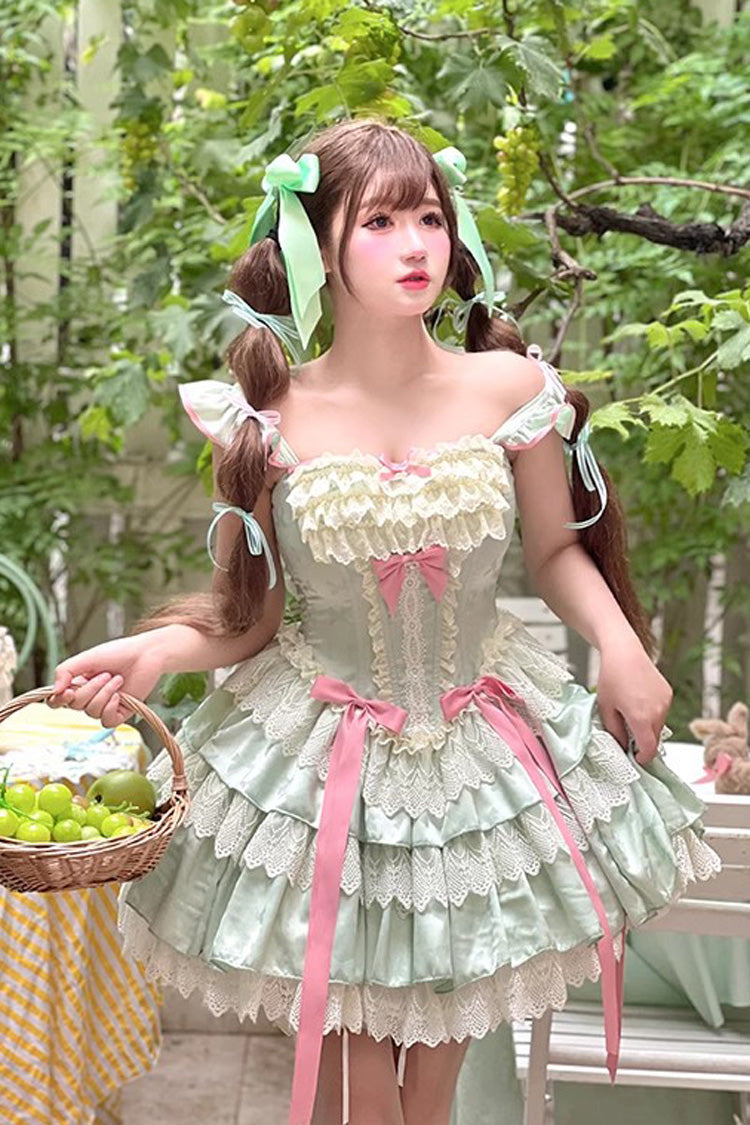 Green [Mints] Multi-Layered Ruffle Bowknot Lace Sweet Ballet Lolita Dress - Green - 1