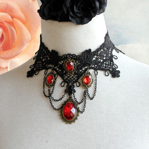 Red Gem Retro Vampire Black Lace Tassel Exaggerated Punk Lolita Necklace - Red - 1
