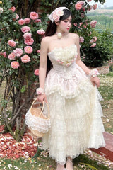 Pink Flower Goddess of Love Ruffle Bowknot Lace Sweet Elegant Lolita Maxi Skirt Dress Set - Pink - 1