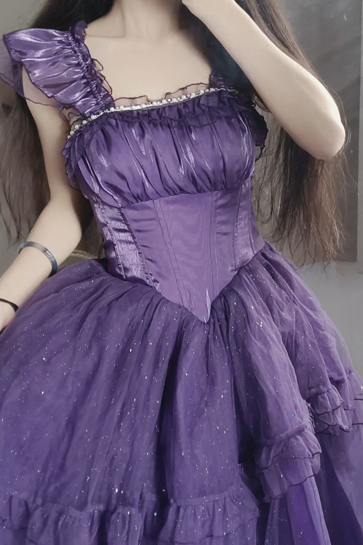 Purple [Bright Stars] Off Shoulder Ruffle Bowknot Asymmetric Sweet Elegant Princess Lolita Dress - Product - 3
