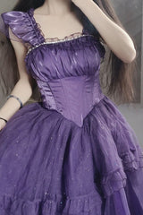 Purple [Bright Stars] Off Shoulder Ruffle Bowknot Asymmetric Sweet Elegant Princess Lolita Dress - Product - 3