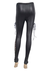 Black Side Hollow Out Lace Up Gothic Positioned Flower Flocking Mesh Legging - Product - 8