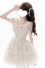 Apricot [Prussian Legend] Short Sleeves Multi-Layered Jacquard Ruffle Bowknot Sweet Lolita Dress - Product - 5