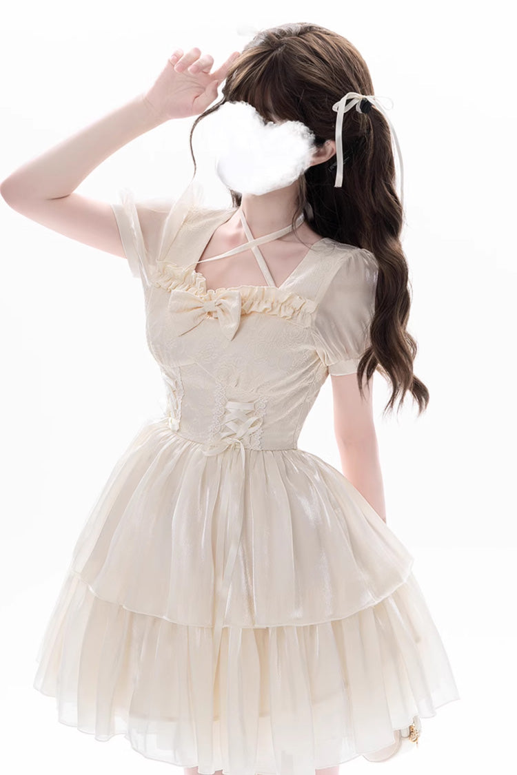 Apricot [Prussian Legend] Short Sleeves Multi-Layered Jacquard Ruffle Bowknot Sweet Lolita Dress - Product - 5