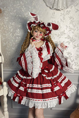 Wine Red [Rabbit Sleeping Doll] Long Trumpet Sleeves Ruffle Bowknot Lace Sweet Lolita Dress - Product - 3