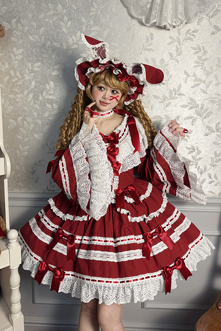 Wine Red [Rabbit Sleeping Doll] Long Trumpet Sleeves Ruffle Bowknot Lace Sweet Lolita Dress - Product - 3