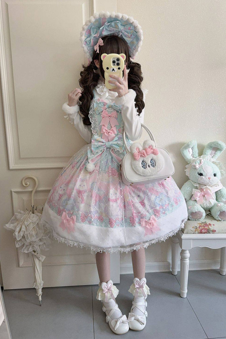 Green/Pink [Candy Mary Cat] Printed Ruffled Embroidered Bow Lace Sweet Lolita Jsk Dress - Green/Pink - 1
