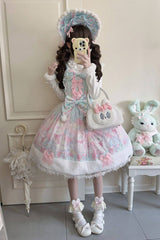 Green/Pink [Candy Mary Cat] Printed Ruffled Embroidered Bow Lace Sweet Lolita Jsk Dress - Green/Pink - 1