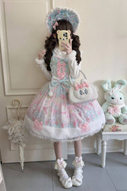 Green/Pink Candy Mary Cat Printed Ruffled Embroidered Bow Lace Sweet (Dress Only) front view