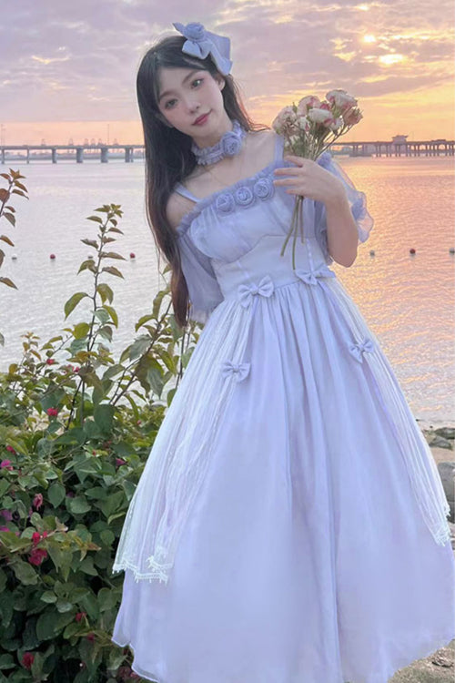 Boat Neck Bubble Short Sleeve Flower Embellished High Waisted Sweet Lolita Dress - Product - 7