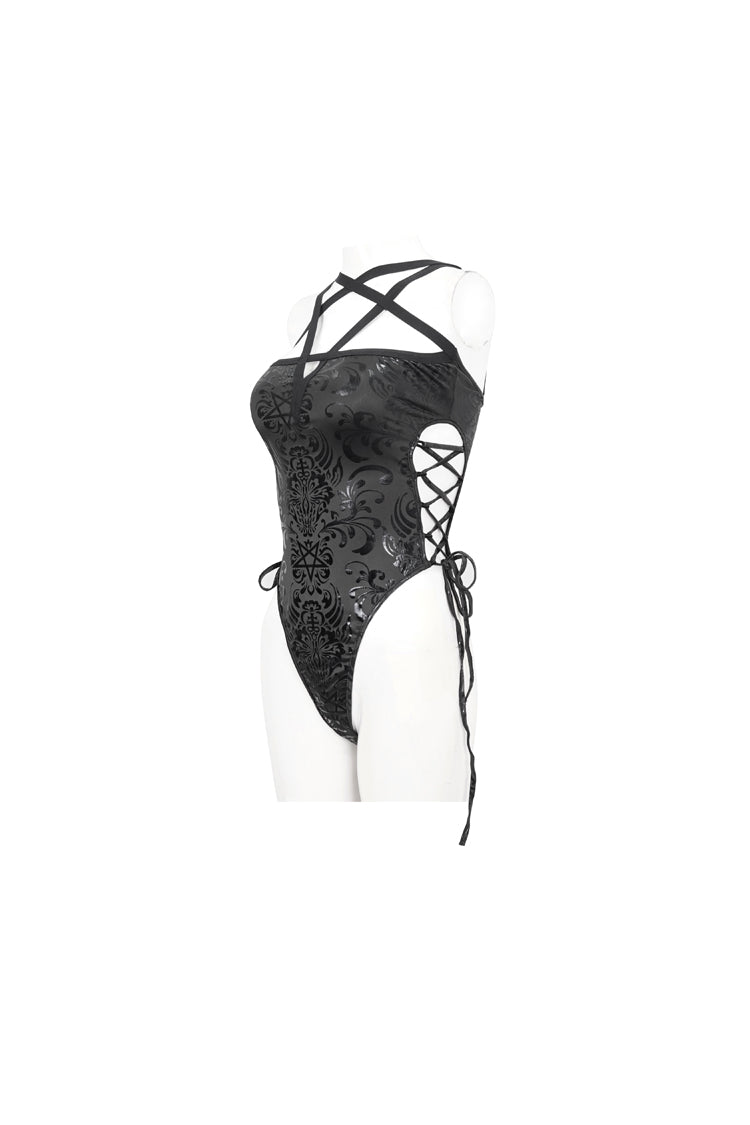 Black Pentagram Print Side Cutout Strap Women's Gothic One Piece Swimsuit - Product - 8