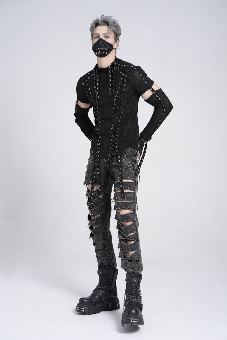 Black Ripped Rivet Men's Punk Pants with Chain - Product - 8
