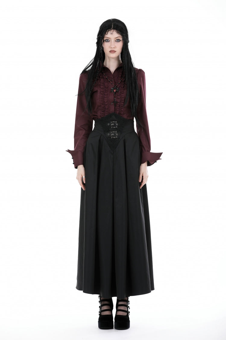 Wine Red Turn-down Collar Ruffled Long Sleeves Women's Gothic Blouse - Product - 5