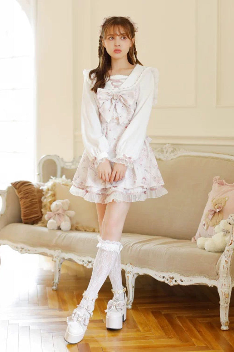 [Sewing Bear] Long Sleeves Print Bowknot Lace Sweet Jirai Kei Plus Size Dress 3 Colors - Product - 5