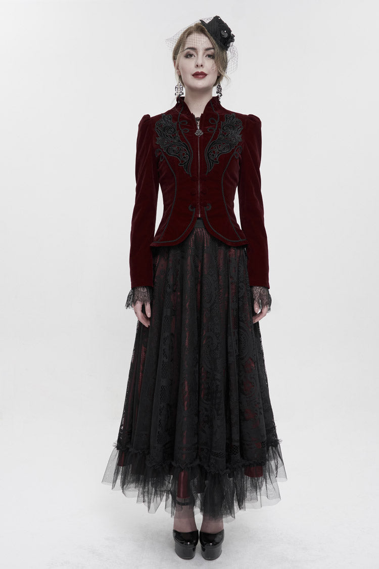 Red Stand Collar Velvet Applique On Chest Pendant Zipper Long Sleeve Women's Gothic Jacket - Product - 3