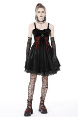 Black/Red Cross Lace-Up Strappy Women's Gothic Velvet Slip Dress - Product - 11