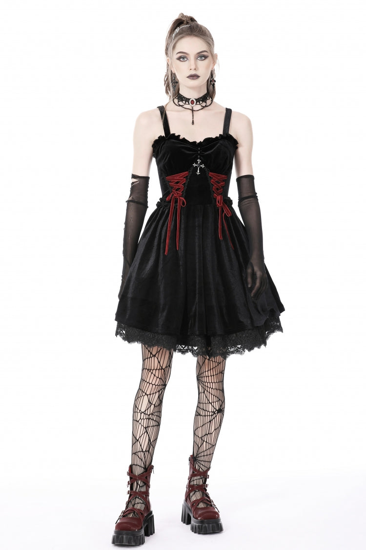 Black/Red Cross Lace-Up Strappy Women's Gothic Velvet Slip Dress - Product - 11