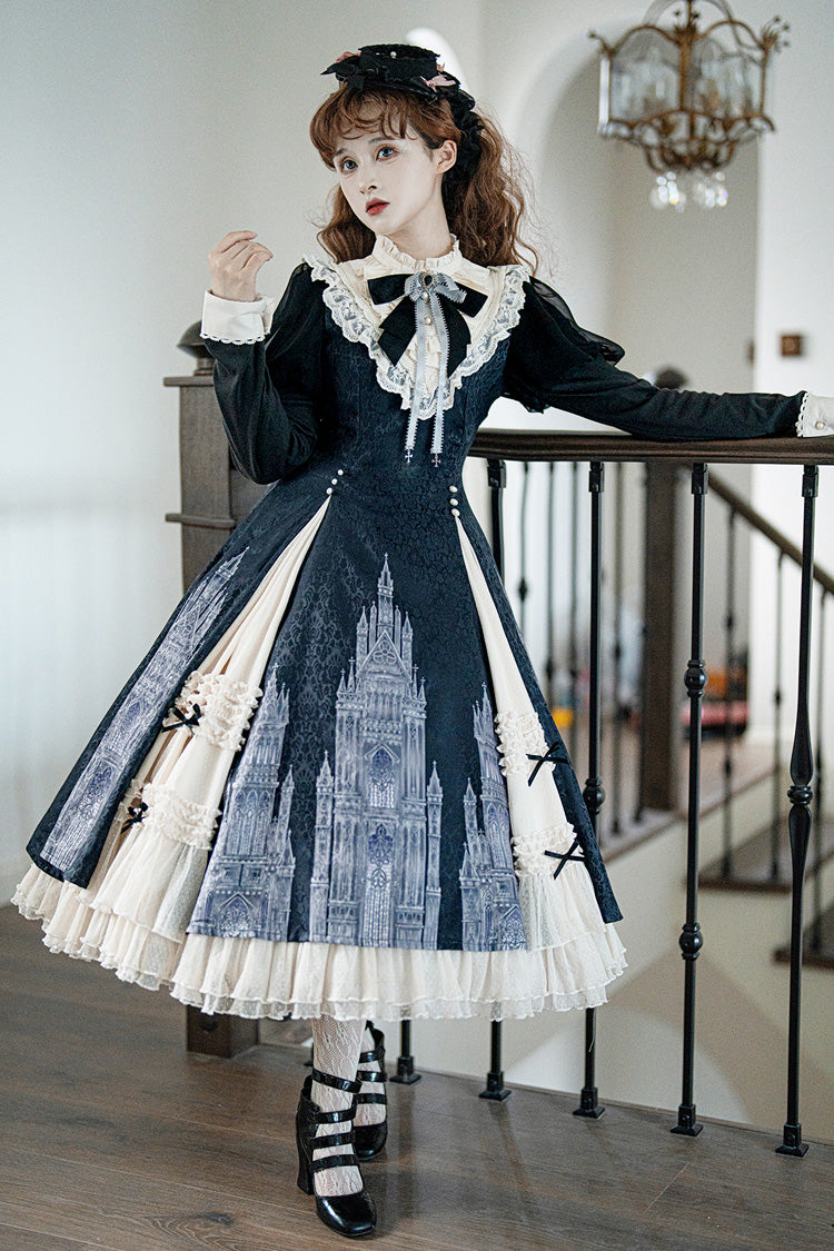 Black/White Church Bells Print Ruffle Cardigan Bowknot Gothic Elegant Lolita Dress - Product - 2