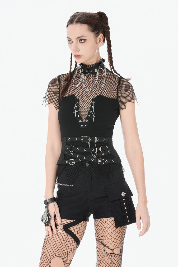 Black Short Sleeves Irregular Mesh Cross Chain-Decorated Eyelet Women's Punk Top - Product - 7