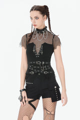 Black Short Sleeves Irregular Mesh Cross Chain-Decorated Eyelet Women's Punk Top - Product - 7