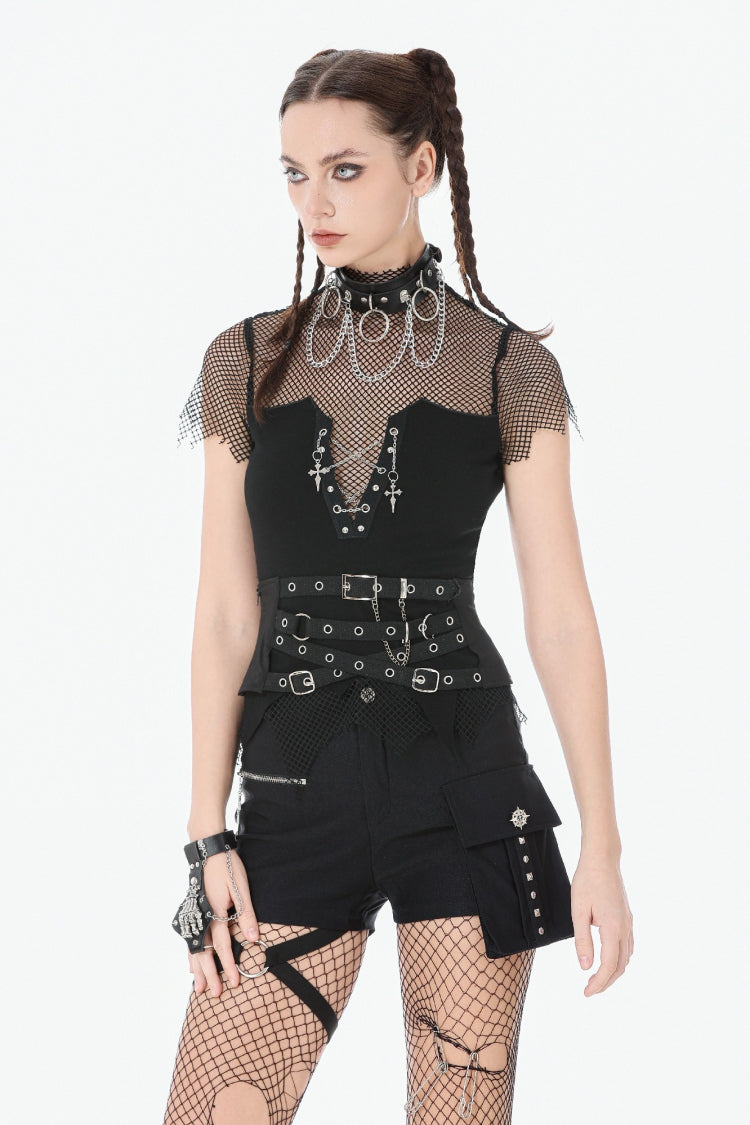 Black Short Sleeves Irregular Mesh Cross Chain-Decorated Eyelet Women's Punk Top - Product - 7