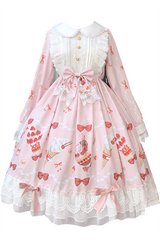Pink Strawberry Print Doll Collar Long Sleeve Lace Sweet Lolita OP Dress - Pink - 1