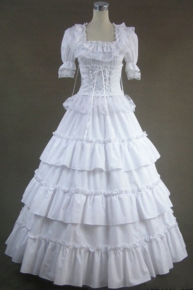 White Cotton Square Collar Short Sleeves Floor Length Multi-Layer Victorian Gothic Lolita Dress - White - 1