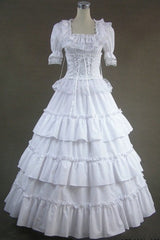 White Cotton Square Collar Short Sleeves Floor Length Multi-Layer Victorian Gothic Lolita Dress - White - 1