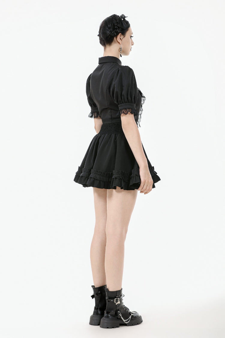 Black Point Lapel Collar Short Puff Sleeves Women's Gothic Blouse with Removable Rosette Cravat - Product - 13