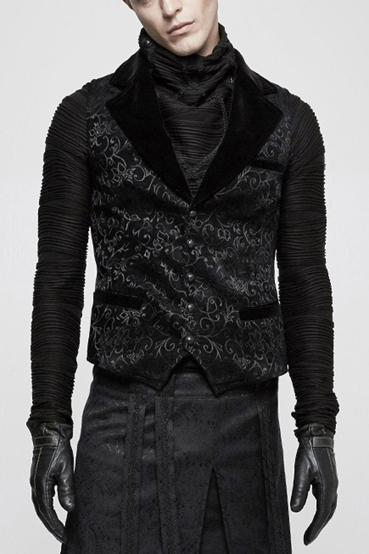 Black Jacquard Velvet Gothic Vintage V Collar Print Mens Vest - Black - 1